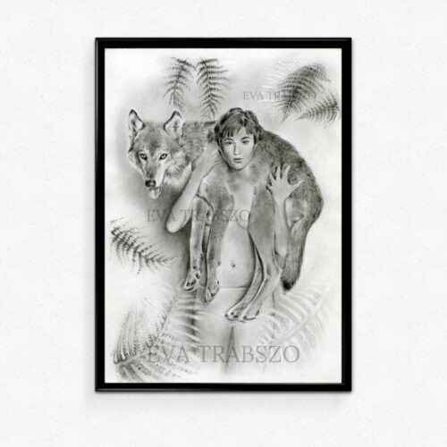 picture frame of pencil drawing named CARRY YOUR ANIMAL by artist eva trabszo