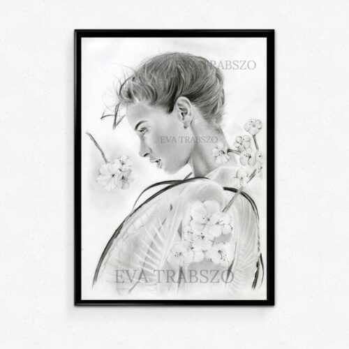 picture frame of pencil drawing named HER FRAGILITY by artist eva trabszo