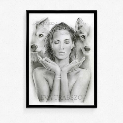 picture frame of pencil drawing named HER PEACE by artist eva trabszo