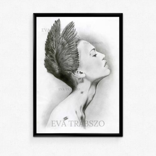 picture frame of pencil drawing named HER WINGS by artist eva trabszo